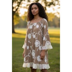 2B Together Boho Floral Lace Trim Mini Dress Tunic Taupe Brown Size M